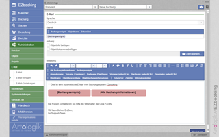 Mit EZbooking können Sie automatische E-Mails und Buchungsbestätigungen versenden und entscheiden, ob die E-Mails Verknüpfungen zu Offline-Kalendern wie Outlook, enthalten sollen. Sie können des Weiteren E-Mails an ausgewählte Benutzer versenden, z. B. an alle Benutzer, welche Buchungen für ein bestimmtes Objekt oder ein bestimmtes Datum vorgenommen haben. E-Mail-Vorlagen in EZbooking