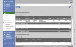 Core Facility Administratoren können jederzeit flexible Berichte erstellen, um eine Übersicht über Geräte, Projekte, Laborgruppen, Benutzertypen, gebuchte und tatsächlich genutzte Zeit zu erhalten. Die Rechnungsinformationen können Sie nach Excel exportieren. Rechnungsunterlagenbericht in EZbooking