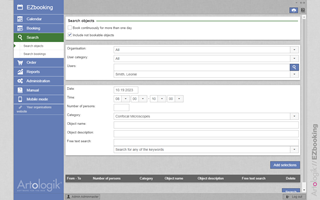With the search function you can find and book one or multiple instruments that match your needs. Filter the search result by entering information about the required instrument or by selecting category. The Search Function In EZbooking