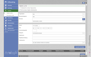 Über die Suchfunktion können Sie einzelne oder mehrfache Buchungen gewünschter Geräte vornehmen. Filtern Sie die Suchergebnisse über Eingabe von Informationen des gesuchten Geräts oder über die Auswahl einer Kategorie. Suchfunktion in EZbooking