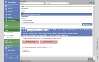 EZbooking lets you send automatic mailings, i.e. booking confirmations, and decide if the e-mails shall contain links to offline calendars, such as Outlook. You can also send e-mails to selected users, for instance to all users that have bookings for an object on a selected date. Email Templates In EZbooking