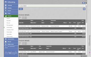Core facility admins always have access to up to date flexible reports, which they can base on e.g. instruments, projects, lab groups, user types, booked time and actual usage. Export the invoice information to Excel. Invoice Details Report In EZbooking