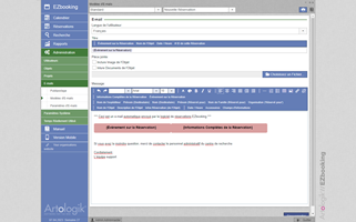 EZbooking vous permet d'envoyer des courriers automatiques, c'est-à-dire des confirmations de réservation, et de décider si les courriers électroniques doivent contenir des liens vers des calendriers hors ligne, tels que Outlook. Vous pouvez également envoyer des e-mails à des utilisateurs sélectionnés, par exemple à tous les utilisateurs qui ont des réservations pour un objet à une date donnée. Modèles D'e Mails